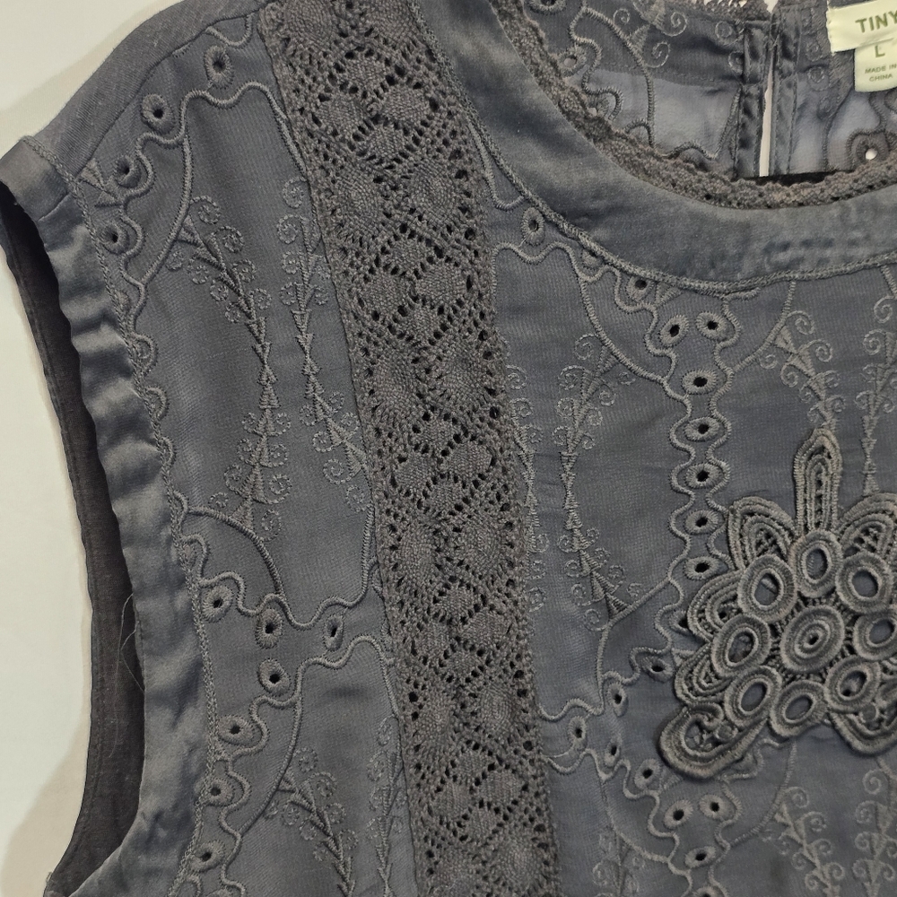 Anthropologie TINY Black Embroidered Eyelette Sleeveless Top Linen Blend, L - Picture 5 of 10